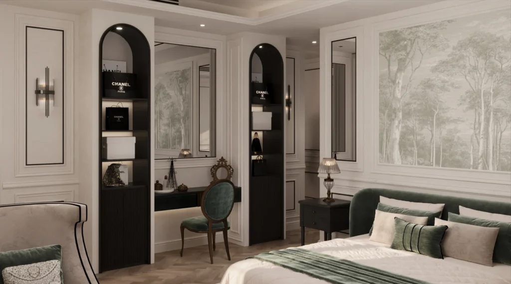 تصميم ركن التسريحة وخزائن العرض المضيئة في غرفة النوم الرئيسية بطراز فرنسي معاصر بواسطة شركة تيلا، يجمع بين الفخامة والعملية في التقسيم.
