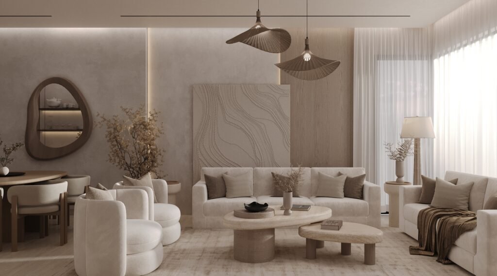 تصميم صالة معيشة مودرن بأسلوب الجابندي من شركة تيلا المعمارية في الرياض، تظهر فيها أرائك باللون البيج، طاولات قهوة عضوية منحنية، وإضاءة مخفية دافئة تعكس السكينة.