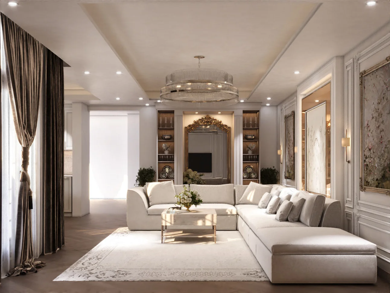 تصميم صالة معيشة مفتوحة على الطراز الفرنسي المعاصر من تنفيذ TELA Architects، تضم كنب زاوية فاخر (L-shape)، ثريا مودرن دائرية، جدران بالبانوهات الكلاسيكية البيضاء، وأرضيات خشبية هيرينغبون في فيلا سكنية بجدة.