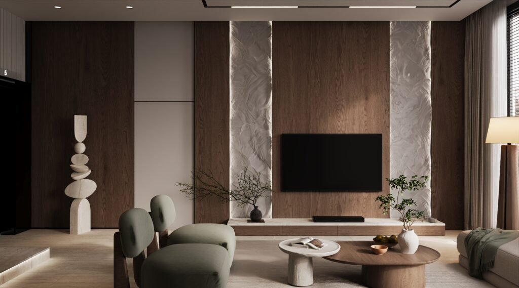 تصميم جدار تلفزيون مبتكر يدمج بين القشرة الخشبية الداكنة وتفاصيل الرخام الأبيض المضاء من تيلا للتصميم الداخلي في السعودية.