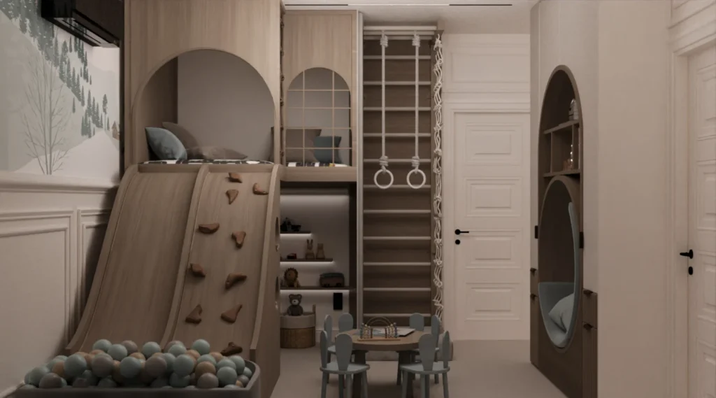 ديكور غرفة نوم وألعاب للأطفال من تصميم تيلا السعودية، يظهر فيها جدار تسلق خشبي مدمج، حوض كرات، وأقسام تخزين ذكية ممتدة حتى السقف