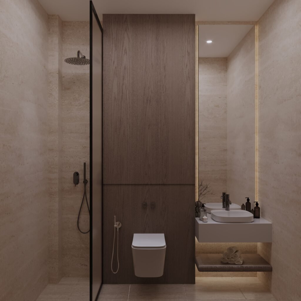 تصميم دورة مياه مودرن بكسوة حجر الترافرتين الناعم وجدار خشبي دافئ خلف الكرسي المعلق مع إضاءة مخفية للمرآة، من تيلا للتصميم الداخلي.