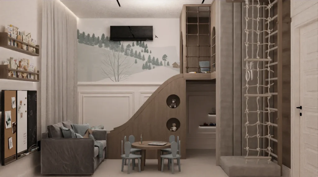 تصميم داخلي لغرفة ألعاب أطفال مودرن بواسطة شركة تيلا الهندسية، تحتوي على منطقة ألعاب خشبية مدمجة مع زحليقة، سرير علوي، وجدارية مرسومة لغابة جبلية هادئة.