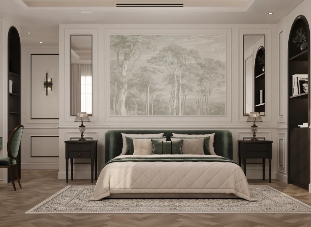 تصميم غرفة نوم رئيسية فاخرة بطراز فرنسي حديث من تنفيذ تيلا للتصميم الداخلي بالرياض، يظهر فيها سرير مخملي أخضر، لوحة جدارية كلاسيكية للأشجار، أرضية باركيه، وركن تسريحة أنيق.