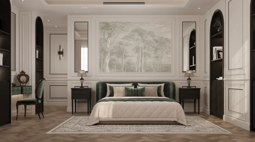 تصميم غرفة نوم رئيسية فاخرة بطراز فرنسي حديث من تنفيذ تيلا للتصميم الداخلي بالرياض، يظهر فيها سرير مخملي أخضر، لوحة جدارية كلاسيكية للأشجار، أرضية باركيه، وركن تسريحة أنيق.