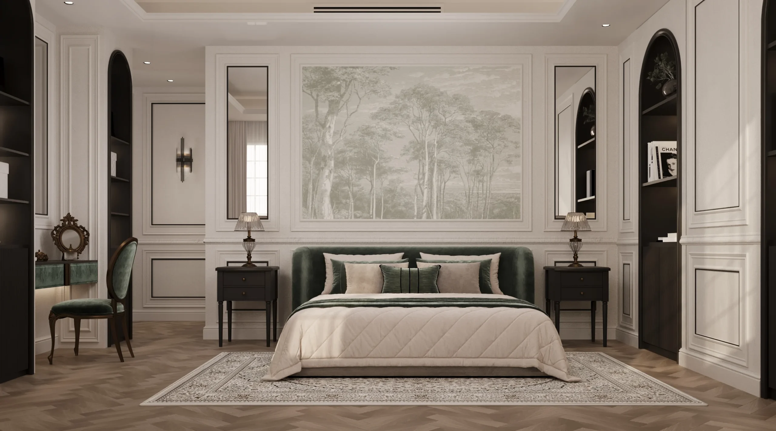 تصميم غرفة نوم رئيسية فاخرة بطراز فرنسي حديث من تنفيذ تيلا للتصميم الداخلي بالرياض، يظهر فيها سرير مخملي أخضر، لوحة جدارية كلاسيكية للأشجار، أرضية باركيه، وركن تسريحة أنيق.