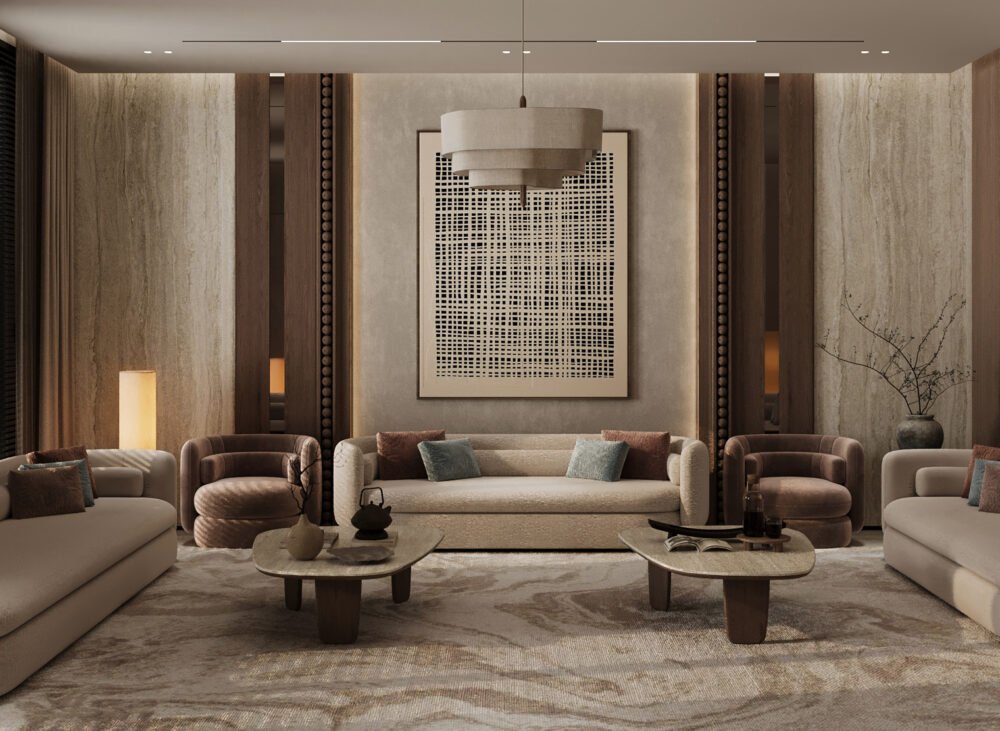 تصميم مجلس رجال فاخر بتصميم جابندي من شركة تيلا المعمارية في الرياض، يتميز بكسوة جدران خشبية داكنة مع إضاءة مخفية وأثاث ترابي مريح.