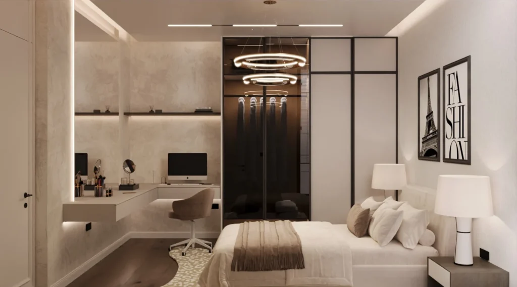 ركن تسريحة مودرن فرنسي مع خزانة ملابس زجاجية مضيئة بإضاءة LED من TELA Architects.