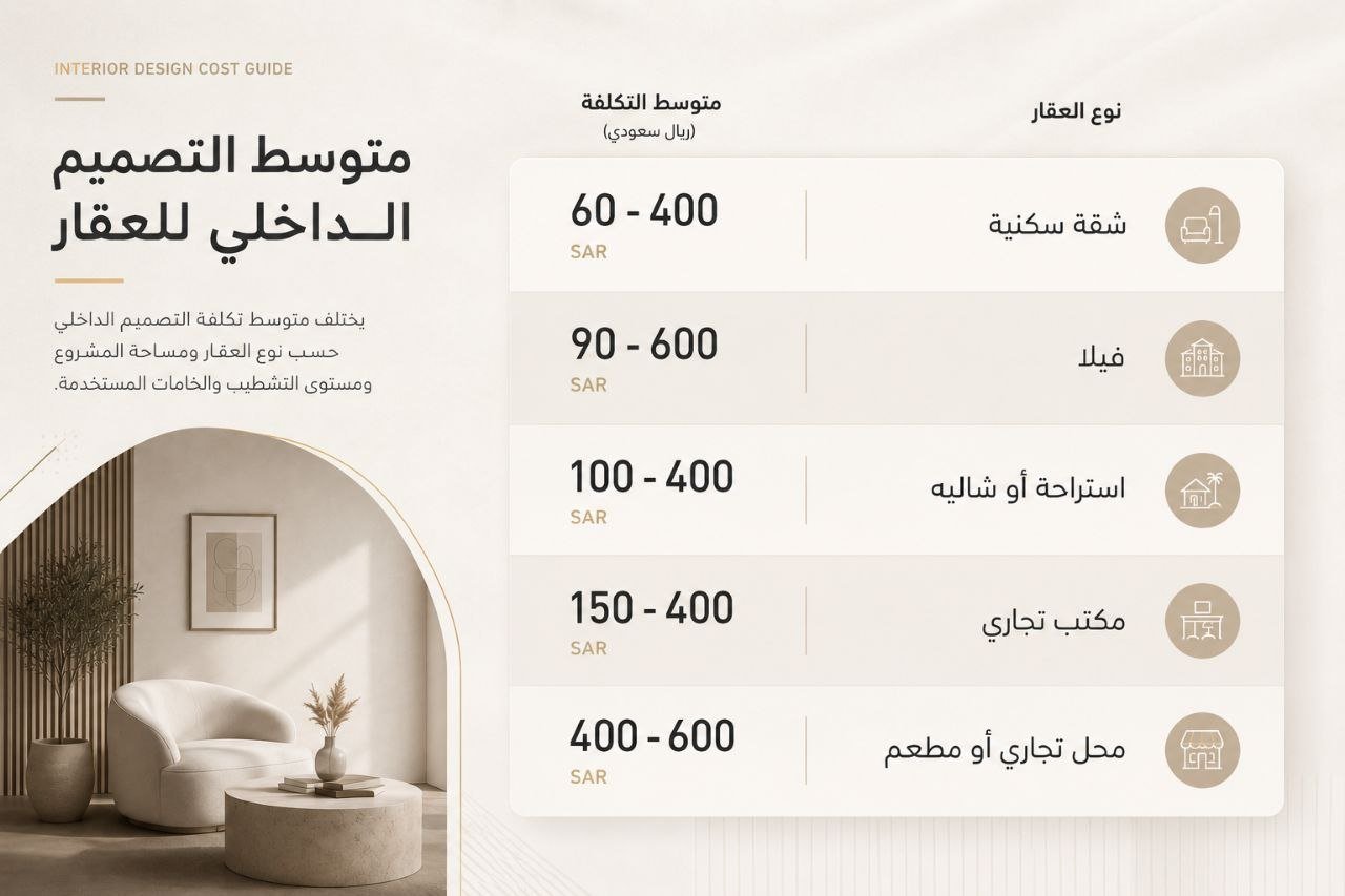 جدول متوسط تكلفة التصميم الداخلي في السعودية حسب نوع العقار