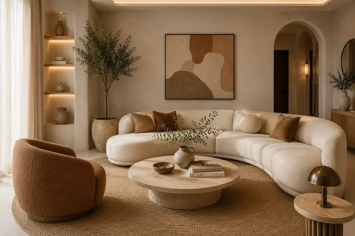 أثاث منحني بتصميم عصري داخل غرفة معيشة يمنح المساحة راحة وانسيابية أكبر.