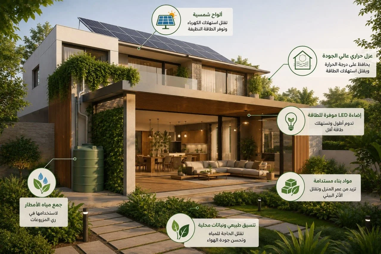 منزل مستدام يعتمد على الألواح الشمسية والخامات الطبيعية والإضاءة الموفرة للطاقة ضمن أحدث اتجاهات التصميم الداخلي المستدام في السعودية